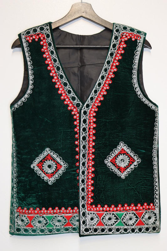 Afghan Traditional Men's Vest with White Gull Duzi And Multi Color Flower In the Front