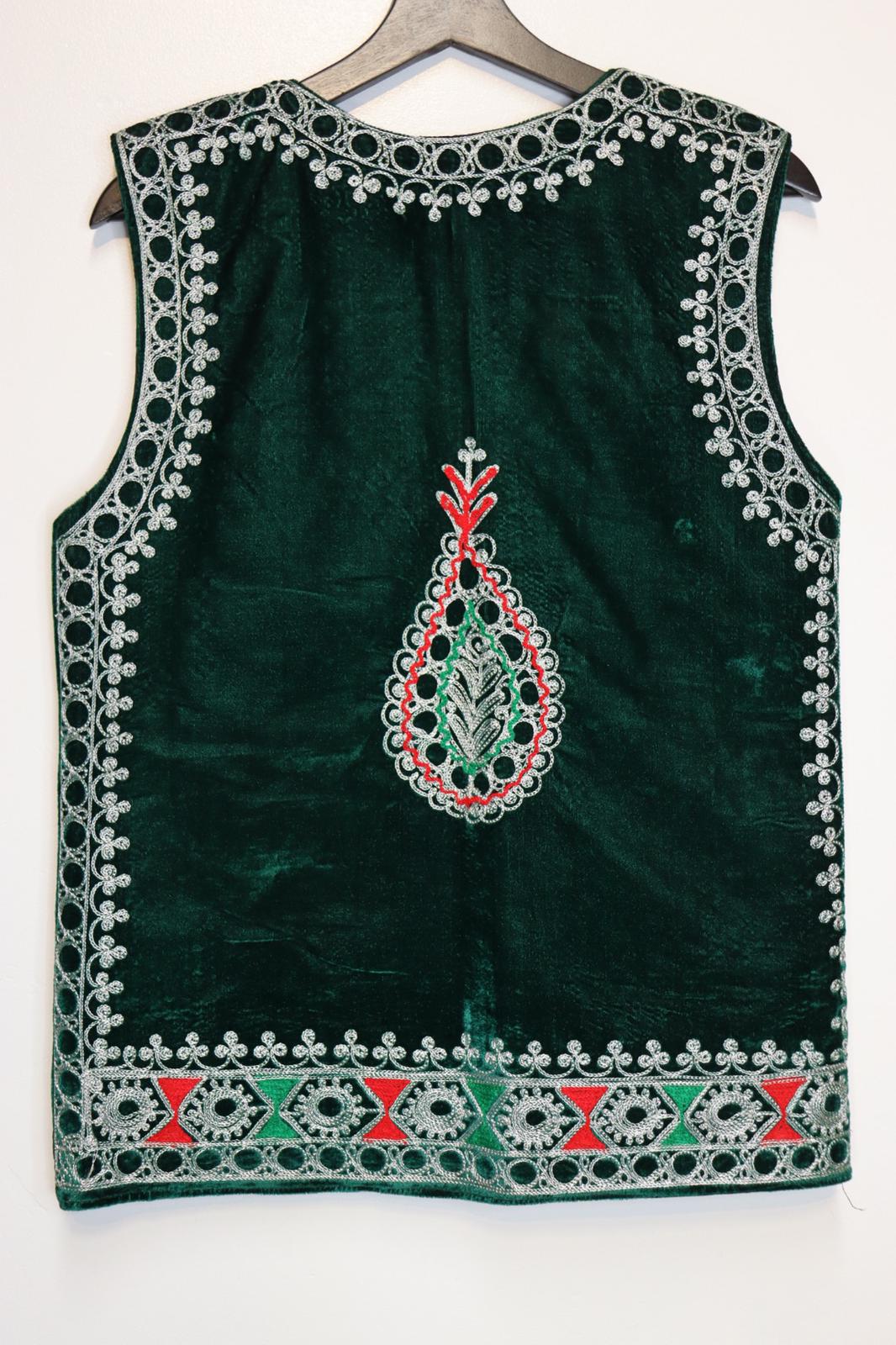 Afghan Traditional Men's Vest with White Gull Duzi And Multi Color Flower In the Front