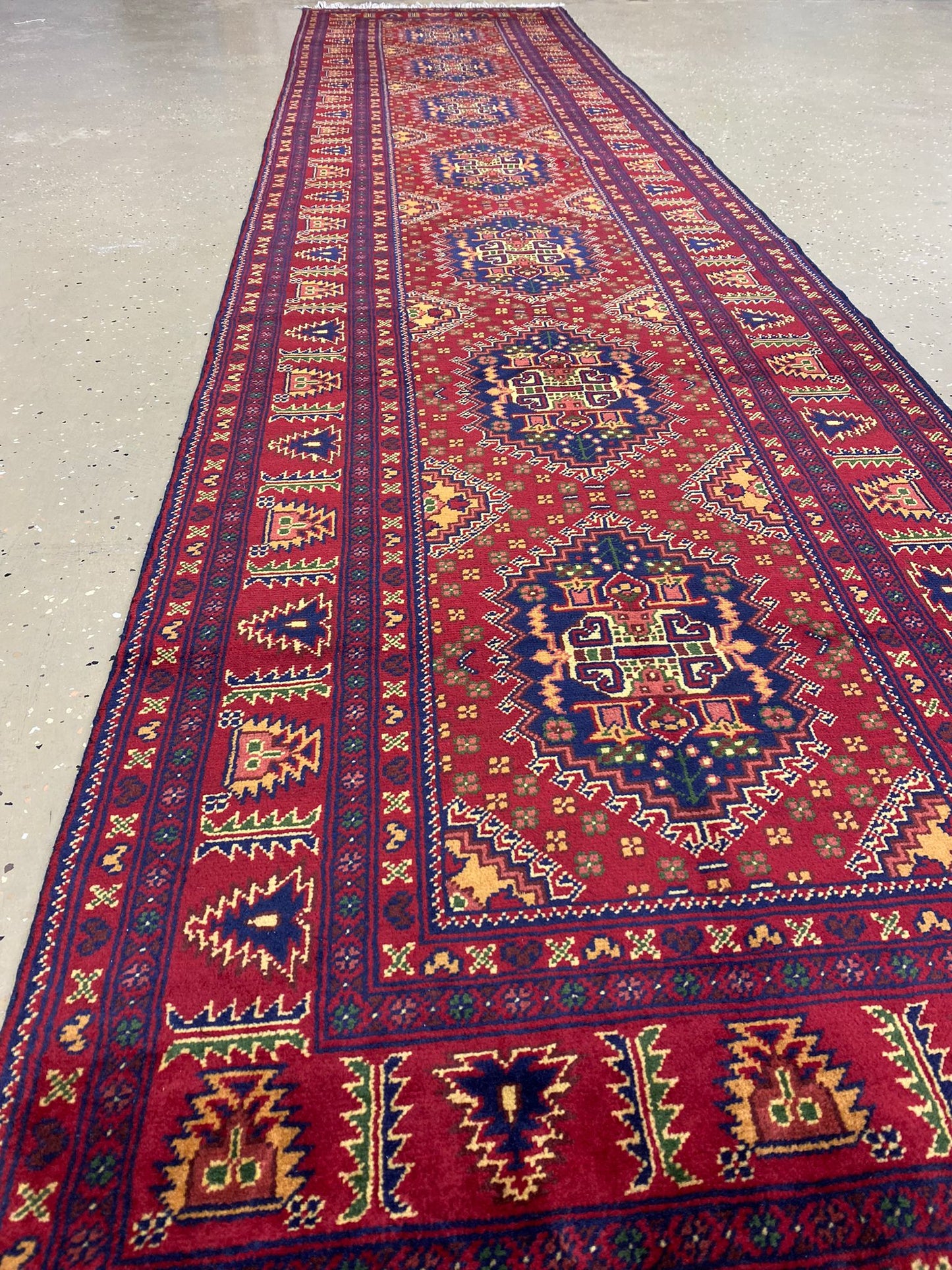 13'3'' x 2'11'' Fine Afghan Runner Handmade Wool Rug