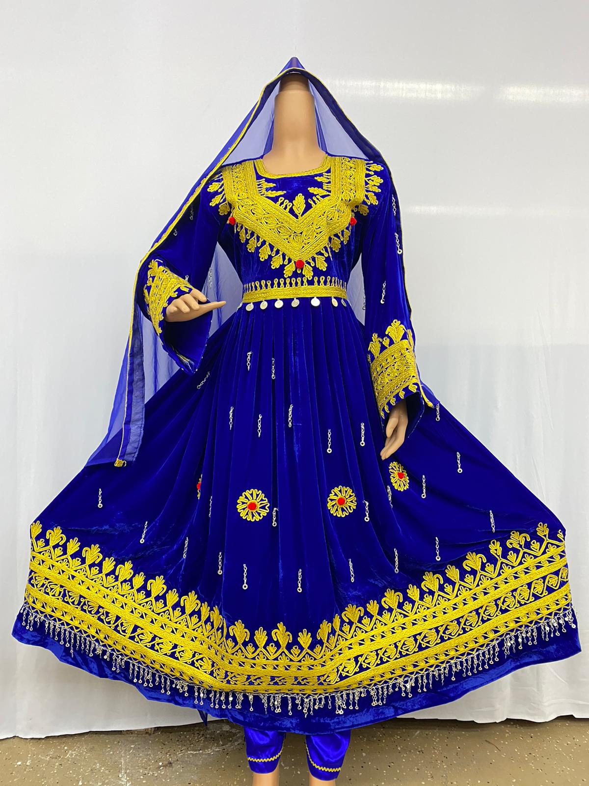 Afghan Kuchi Handmade Traditional Clothes Women Afghani Velvet Dress Blue #2015