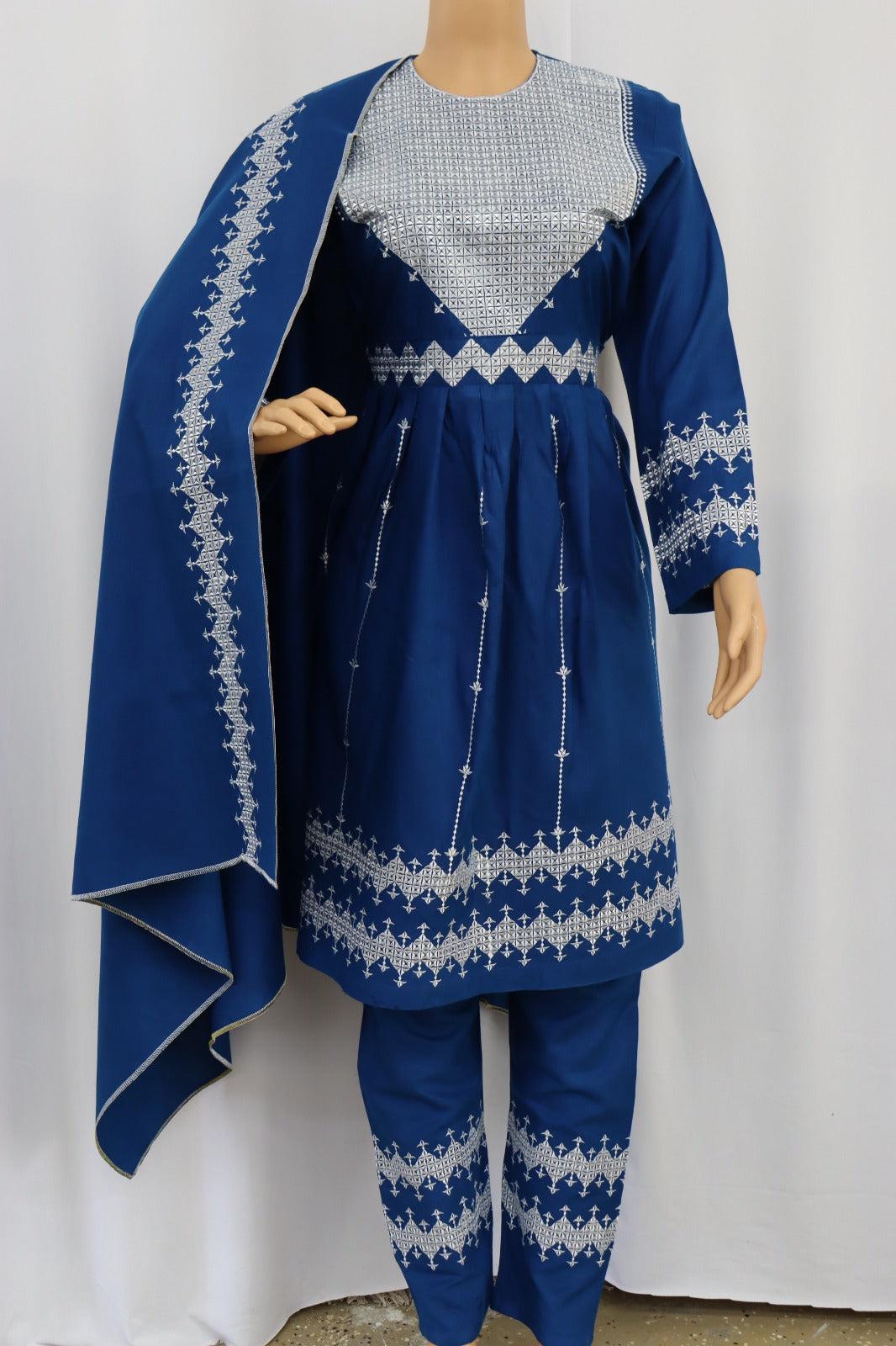 Afghani Hazaragi Dress with White Gull Duzi and Blue Color Cotton