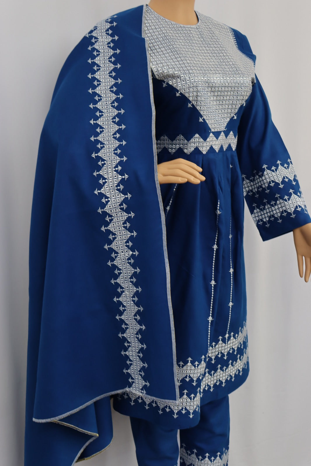 Afghani Hazaragi Dress with White Gull Duzi and Blue Color Cotton