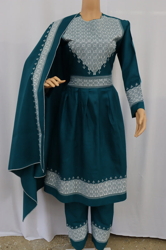 Afghani Hazaragi Dress with White Gull Duzi and Light Green Color Cotton