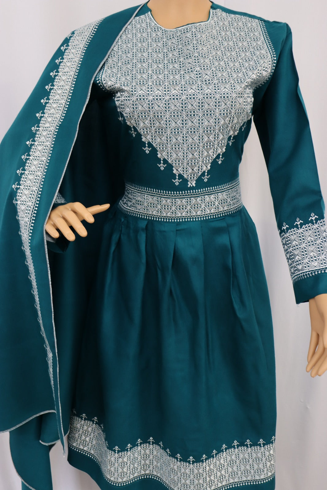 Afghani Hazaragi Dress with White Gull Duzi and Light Green Color Cotton