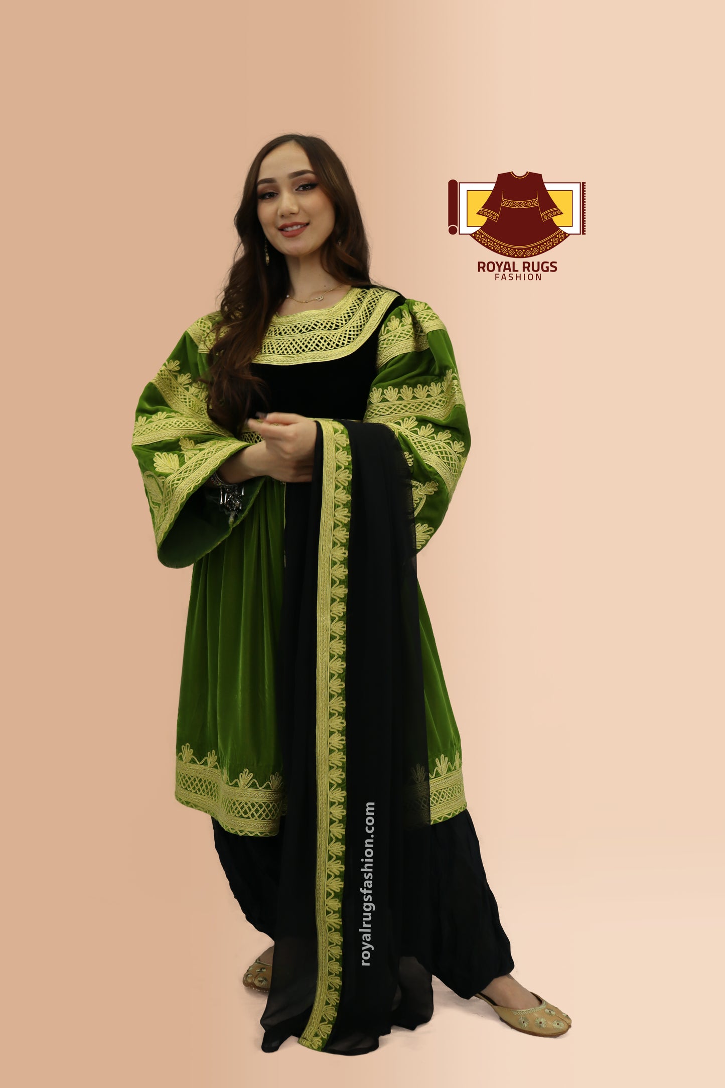 Green And Black Velvet Gand E Afghani With Handmade Yellow Chirma #2010