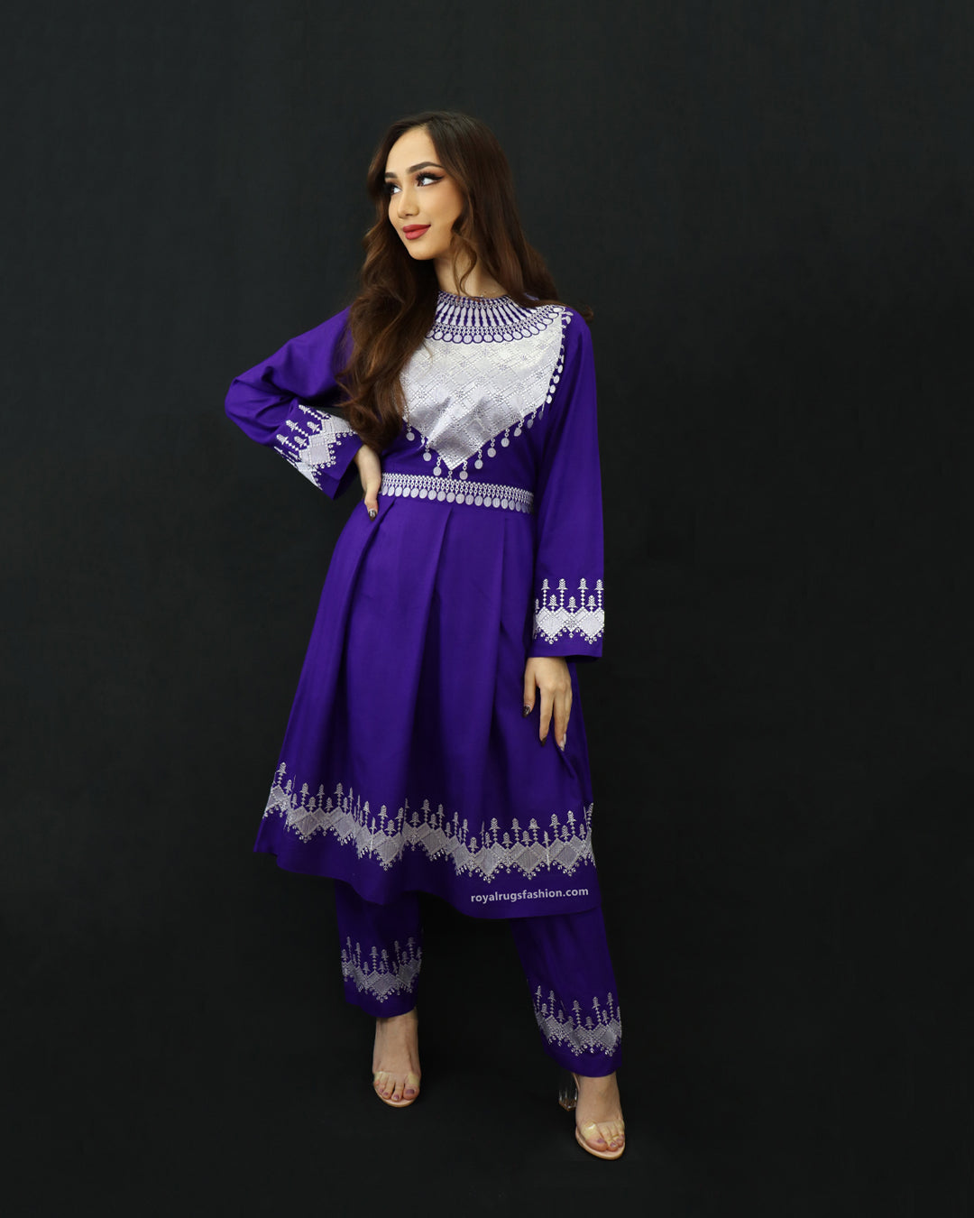 Afghani Hazaragi Dress with White Gull Duzi and Purple Color Cotton