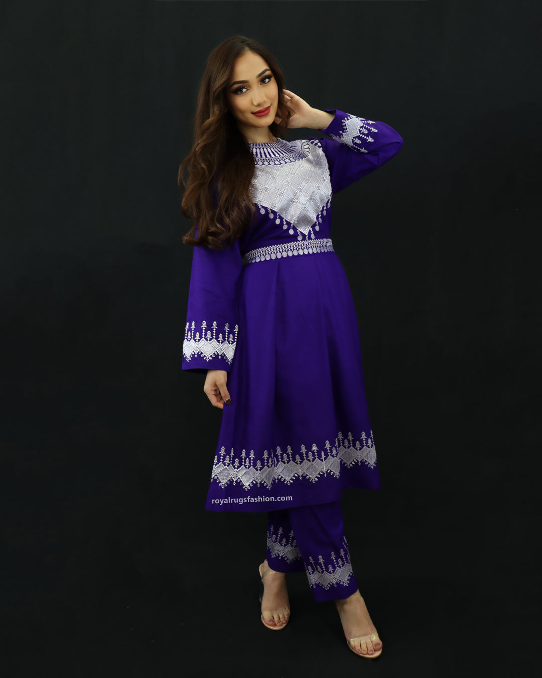 Afghani Hazaragi Dress with White Gull Duzi and Purple Color Cotton